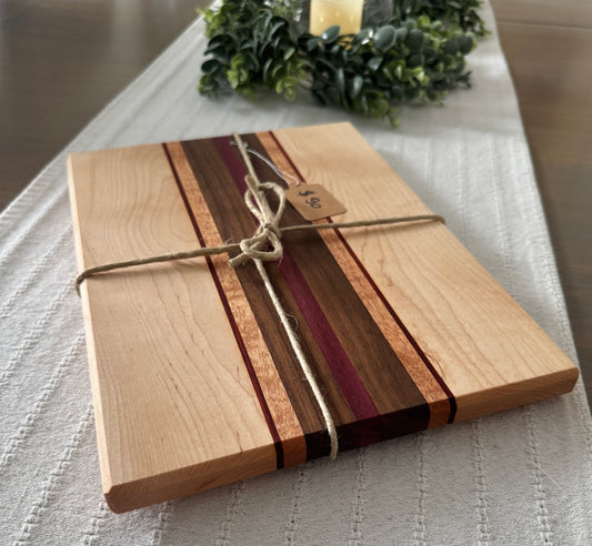 Maple /w Black Walnut and Purple Heart, African Padauk and Okoume wood cutting board