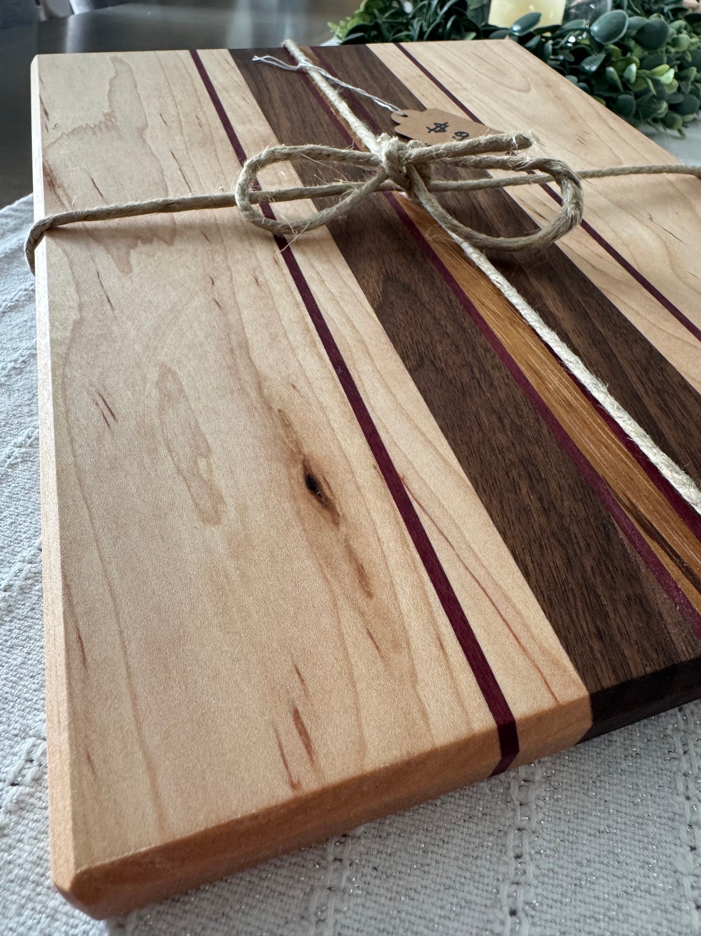 Maple /w walnut and Purple Heart/zebra wood stripes cutting board