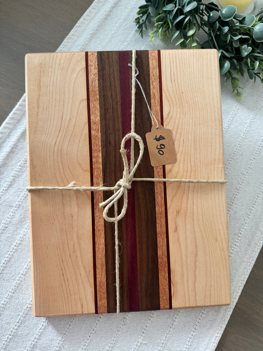 Maple /w Black Walnut and Purple Heart, African Padauk and Okoume wood cutting board